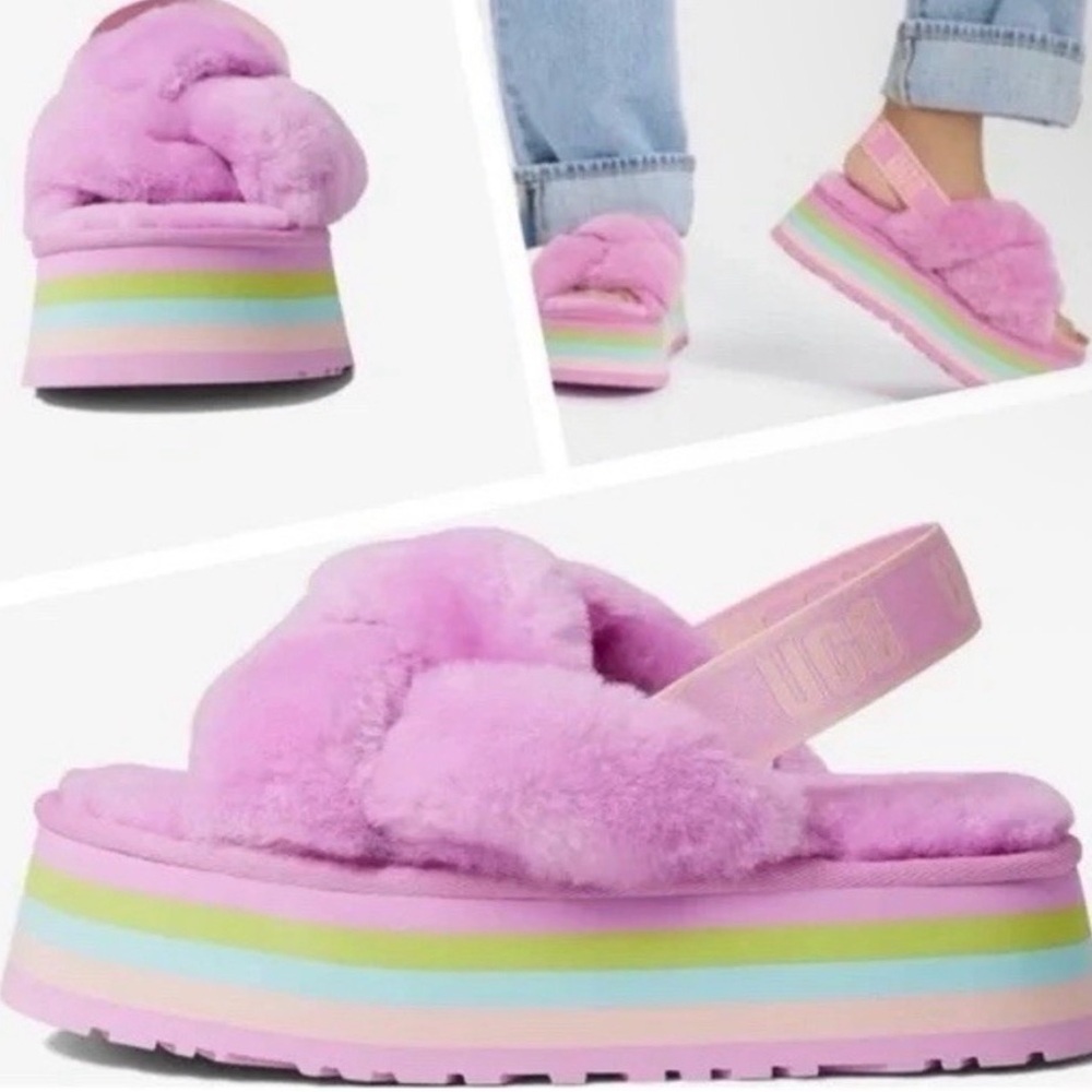 UGG Lilac Shearling Platform Slingback Sandals with Rainbow Sole
